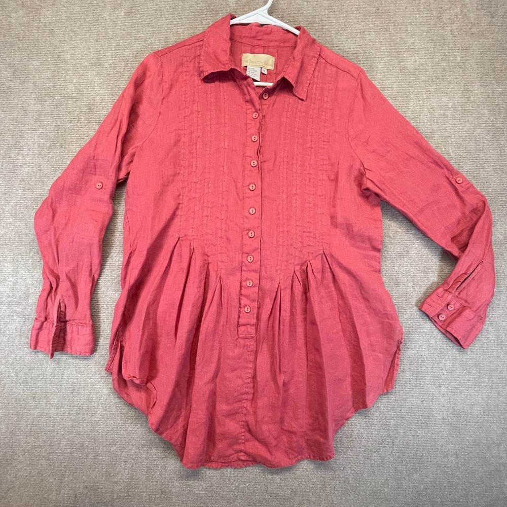 A Territory Ahead 100% Linen Tunic Top Women's Medium Red Roll Tab Sleeves